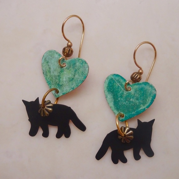 Vintage 90s Jody Coyote Rose Whimsical Black Cat Turquoise Heart Dangle Earrings - Picture 1 of 11